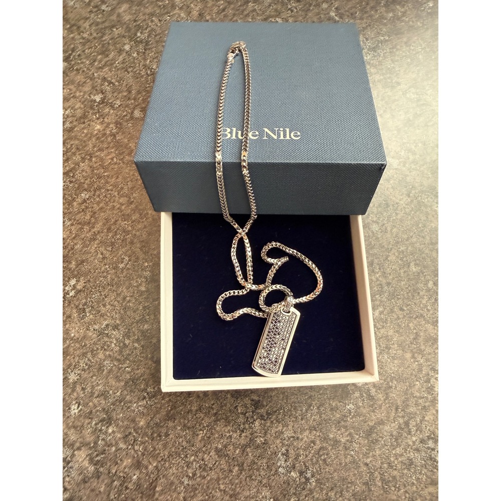 Blue Nile Mens Sterling Silver Black Diamond Tag Pendant‎ Necklace 24 In